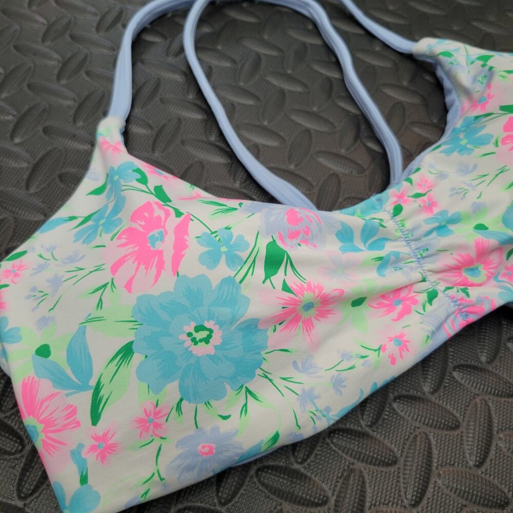 Celebrity Pink Reversible Bikini Top XL Floral Blue Ribbed Swim Top NWT